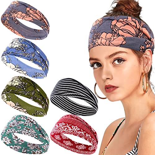 Leaflai Boho Headbands, 6Pack Headbands for Women, Turban Wide Headbands Fashion Headband Thick Headbands Polyester Stretch No Slip for Yoga Outdoor Sweat Band Running Sports