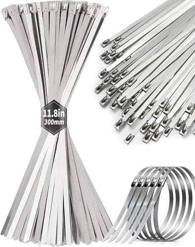 50Pcs Metal Zip Ties 11.8 inch 304 Stainless Steel Zip Ties, Heavy Duty Multi-Purpose Self-locking Metal Cable Ties for Machinery, Vehicles, Exhaust Wrap, Farms, Pipes, Roofs, Cables & Outdoor Fence