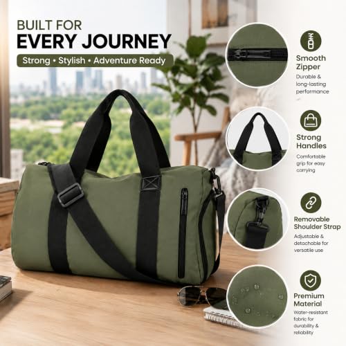 Image of Storite Travel Duffel Bag with Shoe Compartment-Olive, 44x27x21 Cm | Water Resistant Nylon, Lightweight, Front Zipper Pocket, Adjustable Shoulder Strap, Spacious Storage, Travel, Gym, Daily Use