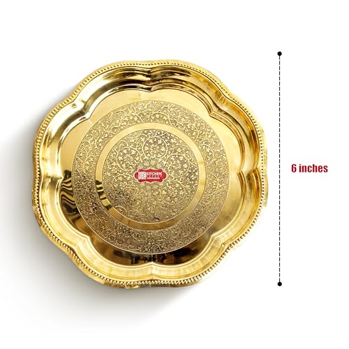 Image of Kitchen Expert Small Brass Plate | 15cm | Pooja Thali | Engraved Flower Design | Ideal for Puja /Prasad /Dia | Mandir Plate | Handcrafted Dia