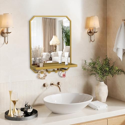 Image of BEAUTME Rectangular Bathroom Mirror with Shelf, 20x16 inch Metal Frame Wall Mirrors with Hooks, Modern Vanity Mirror Wall Mounted for Living Room Bathroom Entryway, Vertical (Gold)