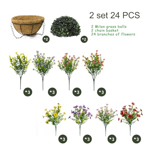 BCBLF Artificial Hanging Plants Flowers with Basket 2 Packs, Artificial Hanging Flowers for Outdoors, Faux Hanging Plants Outdoor, Fake Flowers, Yellow+Purple+Pink+Red — view 2