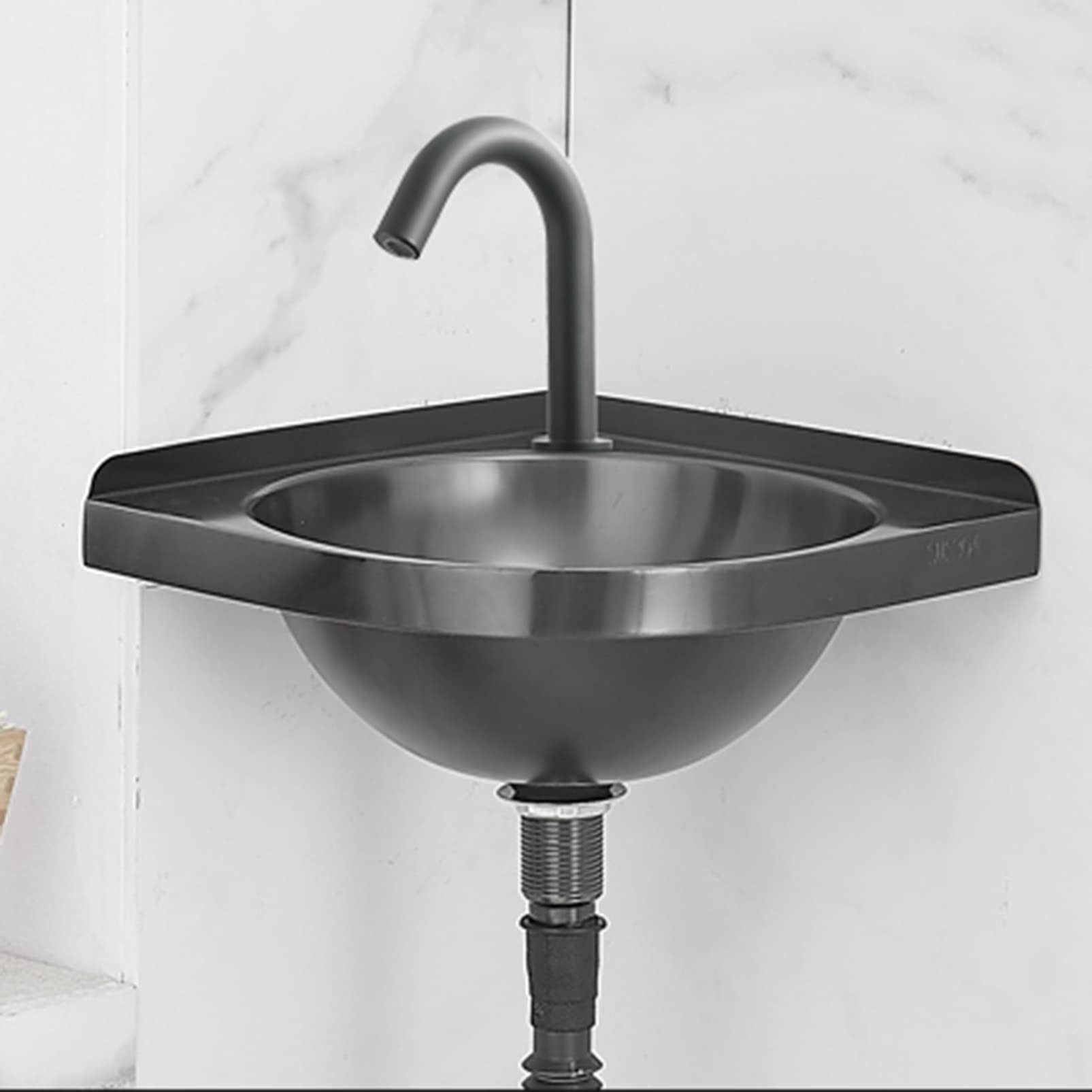 ASerZenith Wall Mount Mini Vessel Sink Bathroom Corner Wash Basin, Cloakroom Vanity Sink With Faucet And Drain Combo, Household/Commercial Compact Lavatory Sink(Black-Set C)