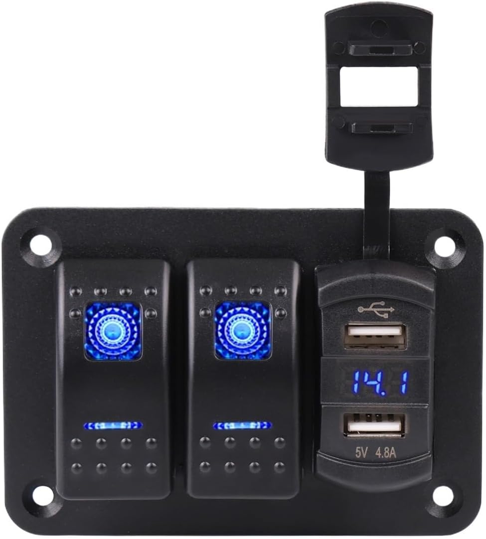 2/3/4 Gang Rocker Switch Panel with Digital Voltmeter 4.2A Dual USB Port 12V Outlet Charging Switch Panel for Car Marine Boat(Model 2)