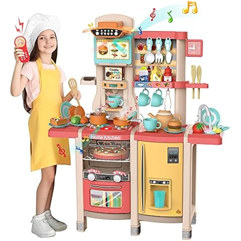 Kids Play Kitchen,Kitchen Playset with 65pcs Kitchen Toys for Toddlers,Play House Accessories with Spray Stove, Simulated Steam, Sink, Oven,Dishwasher, Real Sounds and Light for Girls and Boys Cover