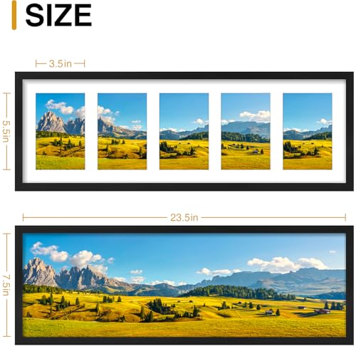 decorUhome 8x24 Picture Frames Collage Wall Decor, Display 5Pcs 4x6 Photos with Mat or 1Pcs 8x24 Unmatted, 5 4x6 Collage Picture Frames for Wall Mounting, Black