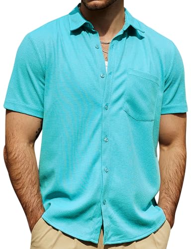VATPAVE Mens Casual Waffle Shirts Short Sleeve Button Down Summer Shirts Loose Fit Beach Shirts Small Aqua Blue Button Up