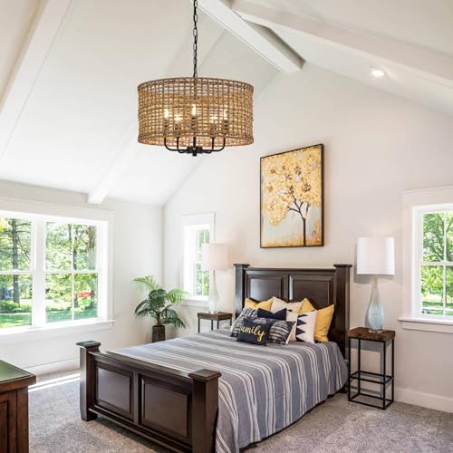 YOMECOO Hand-Woven Rattan Chandelier Vintage Farmhouse Boho Bamboo Chandeliers Light Fixture Rustic Retro 5-Lights Drum Wicker Rattan Black Chandelier for Dining Room, Kitchen, Living Room, E12 - Image 7