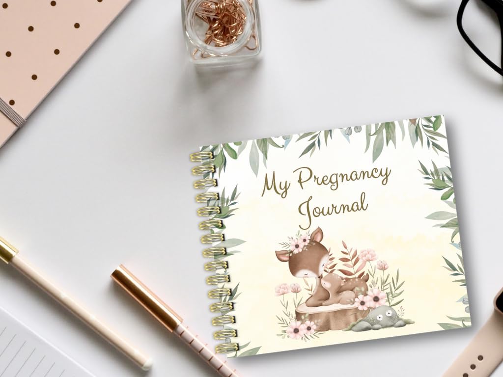 Pregnancy Planner, Fawn Design Organizer, Pen Included, Pregnancy Journal, Scrapbook for Quarterly Photos and Ultrasounds, Baby Animal Floral Design, Weekly Stickers, Calendar