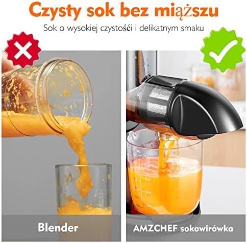 AMZCHEF Wyciskarki Do Soków - Wolnoobrotowa Wyciskarka Do Soków Na Zimno - Wyciskarka Do Owoców i Warzyw - Sokowirówka Bez BPA z 2 Filiżankami i Szczotką - Czarny matowy