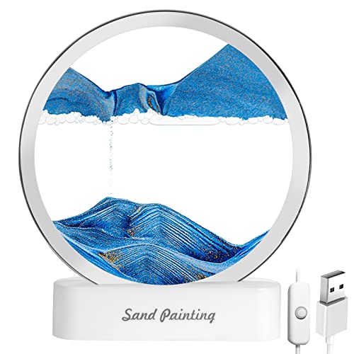 OSDUE Pintura de Arenas Movedizas Dinámicas en 3D con Base de Luz Nocturna LED, Pintura de Arena en Movimiento de Paisaje Natural, Caja de Arena Circular Líquida Dinámica，Reloj de Arena Móvil