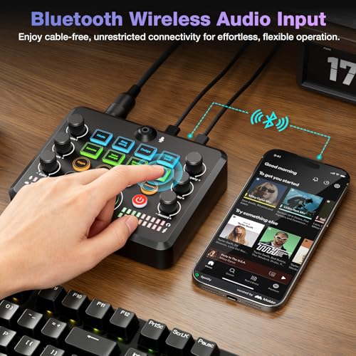 Image of Facmogu F682 Live Sound Card Audio Mixer with Gooseneck Mic, Voice Changer, Bluetooth, Noise Reduction Soundboard, All-in-One Sound Card for Live Streaming /Gaming /Recording on Smartphone, PC, Laptop