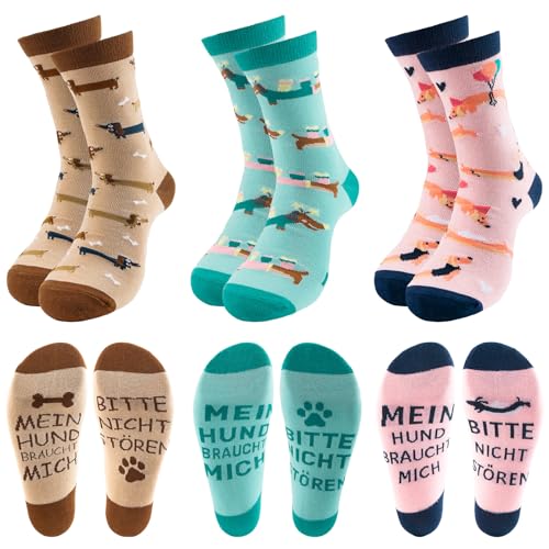 Tantanbear 3 Paar Dackel Socken, Socken Hundemotiv 36-45, Dackel Geschenke mit Witzige Spruch und Dackelmotiv für Teenager Erwachsener Herren Damen