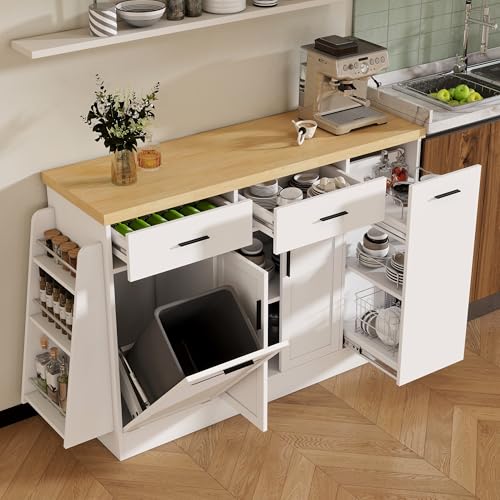 Quarte Multi-Functional Kitchen Island Table, Trash Can Storage, Sliding Door Cabinet & 3-Tier Spice Rack, Storage Sideboard for Dining Room (White-T1)
