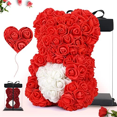 Rose Teddy Bear -10 Inches -Over 300+ Flowers on Every Rose Bear - Gifts for Women，Gifts for mom, Birthdays, Bridal Showers,Valentine's Day,Mothers - Clear Gift Box Included (red)