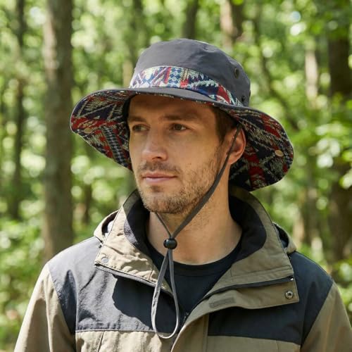 Image of GUSTAVE Sun Hats for Men Wide Brim Summer Sun Protection Cap for Men UV Protection Round Sun Cap for Hiking, Fishing, Gardning, Travel
