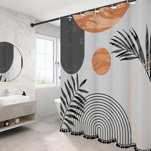 GiuMsi Boho Mid Century Leaf Shower Curtain Set,Arch Sun Design,Minimalistic Leaves Pattern,Waterproof and Luxurious Fabric-12 Hooks(Grey-72" x 78")