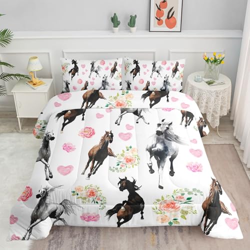 Smell Sunshine Western Horse Comforter Set Retro Floral Printed Bedding Set with 1 Comforter and 2 Pillowcases for Boys and Girls Bedroom All Season(Horse Full)