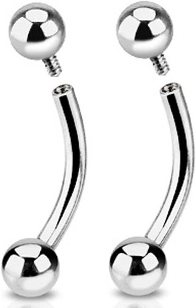 16GA 316L Stainless Steel Single Side Internally Threaded Curved Barbells, Sold as a Pair