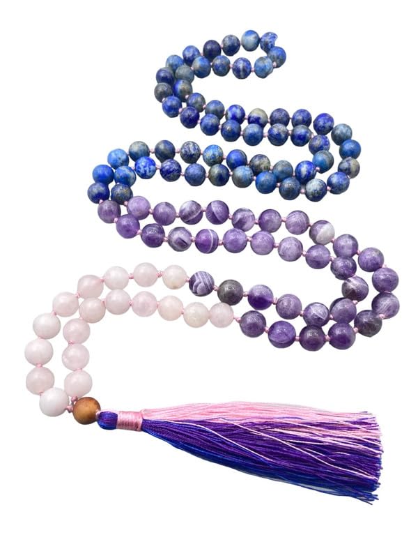 Mala prière 8 mm collier d'énergie améthyste et quartz rose de guérison