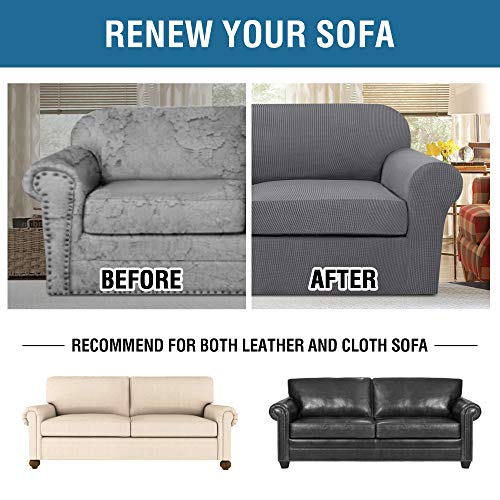H.VERSAILTEX 3 Piece Stretch Sofa Covers for 2 Cushion Sofa Couch Covers for Living Room Furniture Cover (Base Cover Plus 2 Seat Cushion Covers) Thicker Jacquard Fabric(Large Sofa, Grey) - Thumbnail 7