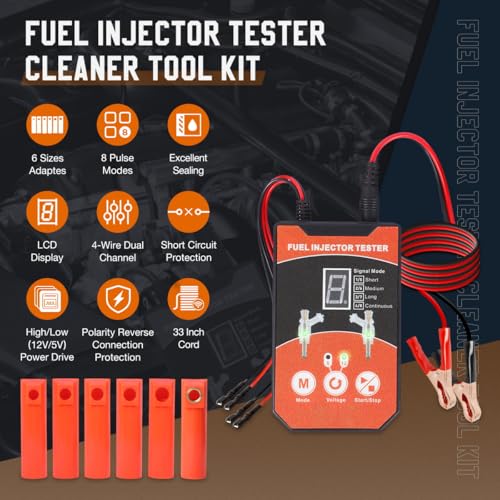Universal Fuel Injector Tester Cleaner Tool Kit, 6 Size Cleaning Adapters 8 Pulse Modes Injector Tester 12V/5V Output Power Drive, 4 Wire Dual Channel DIY Fuel Injector Cleaner Tools by YUANRI - Image 4