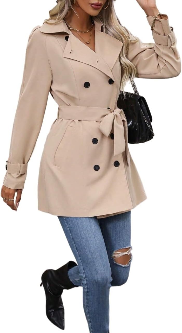 Women's Trench Coat Double Breasted Belted Casual Trench Coat Long Sleeve Classic Overcoat