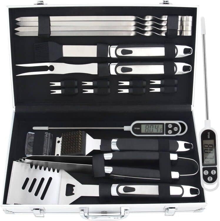 ROMANTICIST 20PC Stainless Steel BBQ Accessories Tools Set - Rubber Handle BBQ Set with Meat Thermometer - Complete BBQ Kit for Men Women on Birthday, Christmas