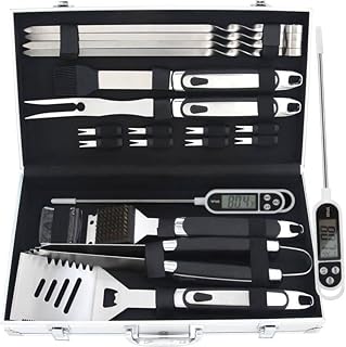 ROMANTICIST 20PC Stainless Steel BBQ Accessories Tools Set - Rubber Handle BBQ Set with Meat Thermometer - Complete BBQ Kit for Men Women on Birthday, Christmas