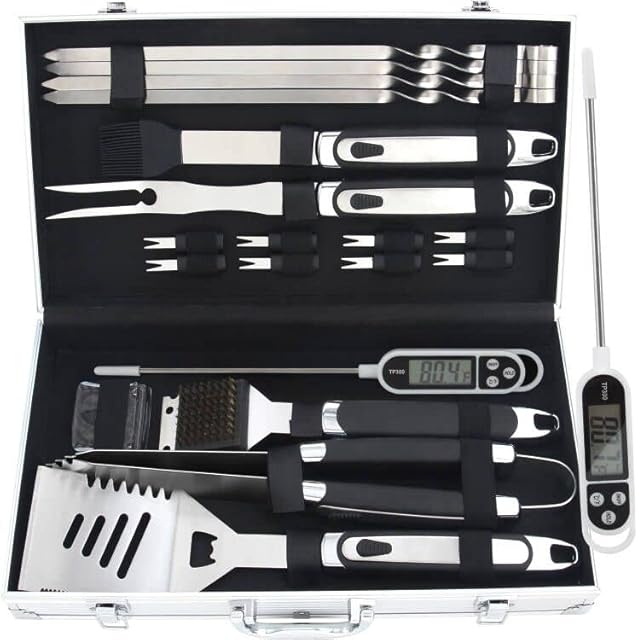 ROMANTICIST 20PC Stainless Steel BBQ Accessories Tools Set - Rubber Handle BBQ Set with Meat Thermometer - Complete BBQ Kit for Men Women on Birthday, Christmas