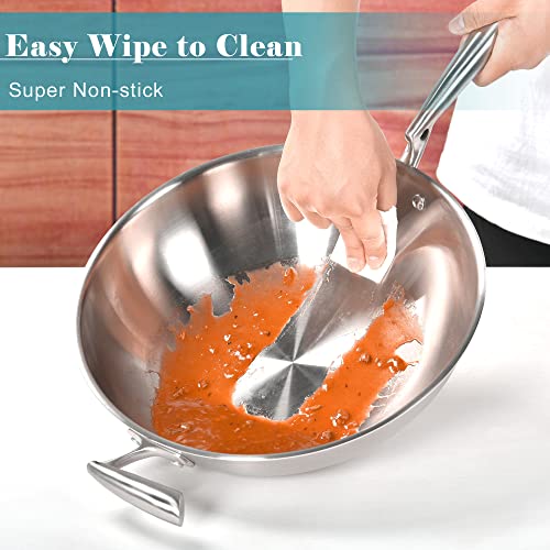Foodstudio 12.6 Inch Stainless Steel Wok Pan With Lid - 5 Ply Steel Skillet,Professional Grade Wok For Cooking With Stay Cool Handle,Works With Induction,Large Capacity, Electric, And Gas Cooktops #TOP3