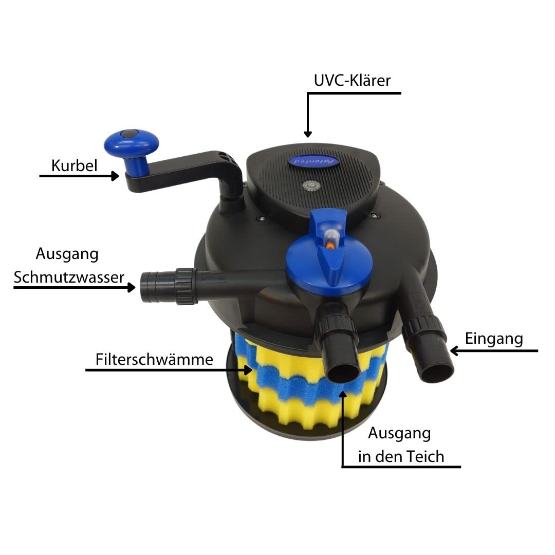 AquaOne Druckteichfilter CPF-2500 I Teichfilter für Teiche bis 6.000 Liter I Bio Teich Filter inkl.11 Watt UVC Klärer mit Kurbelreinigung I schwebealgenfreies klares Wasser