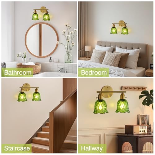 Vintage Bathroom Light Fixtures，2-Light Hardwired Vanity Lights Over Mirror, Brass Wall Sconces with Green Tulip Glass Shade for Bathroom Stairway Bedroom Living Room(Bulbs Not Included,E26 Socket) by ollycasa - Used condition - Image 8
