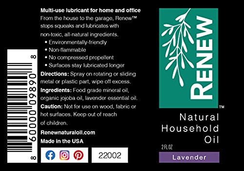 Renew Natural Household Oil Lavender Scent 2 Oz, Noisy Door Lubricant, Bike Lube, Lubricate Locks, Hinge Noise, Garage Door Spray, Wheel Grease, Squeaky Door Fix #TOP6