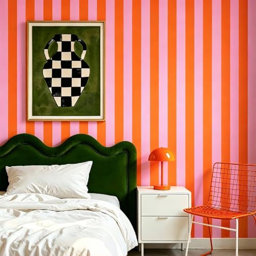 FYSUIMU Striped Peel and Stick Wallpaper Roll, Pink Orange, 17 in x 18 Ft