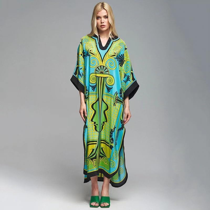 Printed Satin Silk Casual Wear Kaftan for Women,Boat Neck Silk Caftan Dress, Kaftan for Woman,Maxi Long Dress Gift for Kaftan