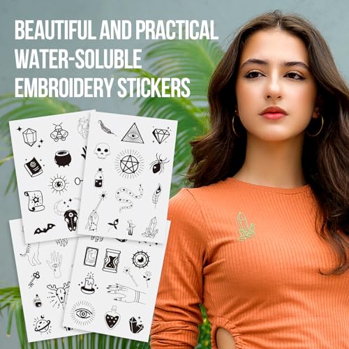 Image of Magibeads 52 Patterns Witchy Water-Soluble Embroidery Moon Spider Cow Dreamcatcher Stick and Stitch Embroidery Paper Starter Kit for Hand Sewing Beginners Adult