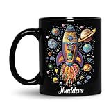 Vibrant Dot Art Rocket Ship Cup, Custom Name Outer Space Coffee Mug 11oz 15oz, Personalized Colorful Planet Ceramic Cup, Rocket Ship Space Black Mug, Gifts for Kids -  FABGIFT