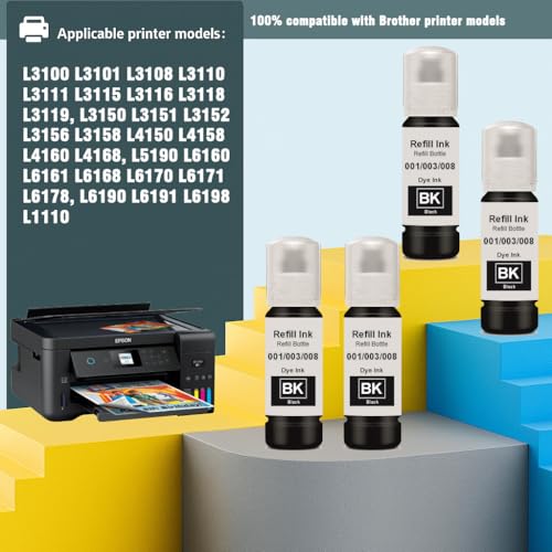 Image of KOSH 003 Refill Ink Compatible for Epson L3110, L3150, L3250, L3252 L3115, L3116, L3101, L3210, L3215, L3216, L3151, L3152, L3156, L5190 Printers (Black X 4)