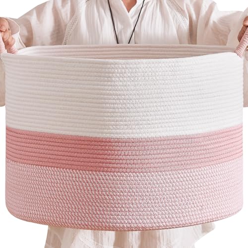 Image of CLHMILY&Z Round Cotton Rope Storage Basket - 22x14.2 Inches - Cute Nursery Bin, Baby Toy Organizer, Pink Organizer for Home Decor, Multi-Purpose Home Tidy Solution