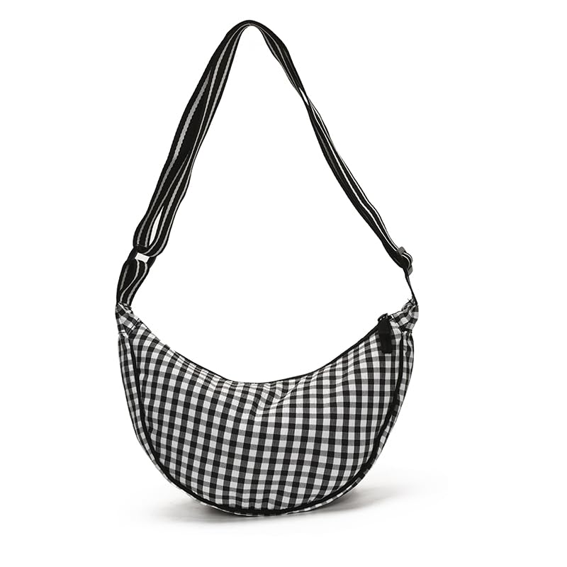 Checkered Crescent Bag Nylon Crossbody Bags for Women Sling Bag with Checkered Dumpling Shoulder Bags Moon Purse