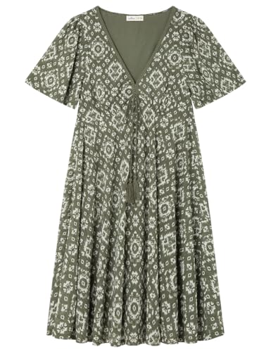Robe imprimée kaki Springfield manches courtes et col V plongeant chic