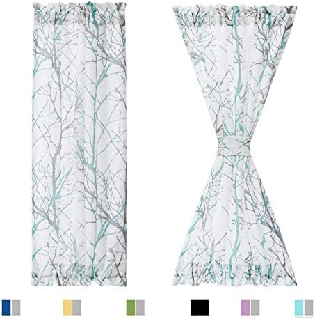 FMFUNCTEX Branch Print Side-Light French Door Drapes for Small Door Windows Light Filtering Botanical Door Curtains for Patio, Aqua and White, 2 Panels