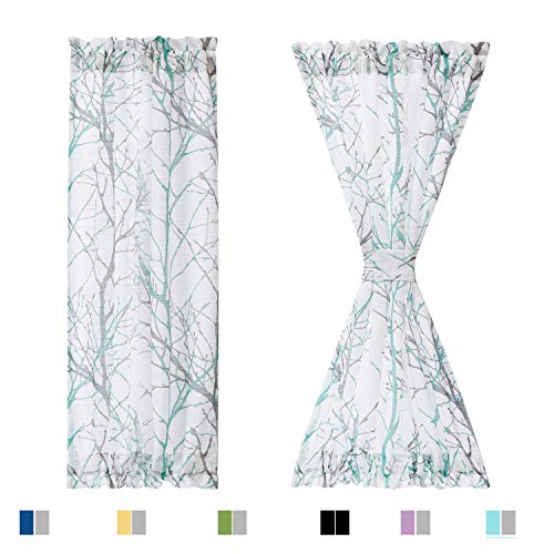 Fmfunctex Branch Print Side-Light French Door Drapes For Small Door Windows Light Filtering Botanical Door Curtains For Patio, Aqua And White, 2 Panels #TOP3