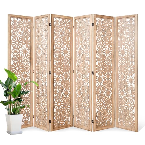 Folding Wood Room Divider Panel, 67 Inch Tall Daisy-Carved Privacy