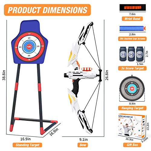 Qdragon Kids Bow And Arrow, Light-Up Archery Set For Kids, With 3 Types Of Targets, 20 Suction Cup Arrows, Wrist Band, Indoor Outdoor Toys Gifts For Boys Girls Ages 4 5 6 7 8 9 10 11 12, White #TOP7