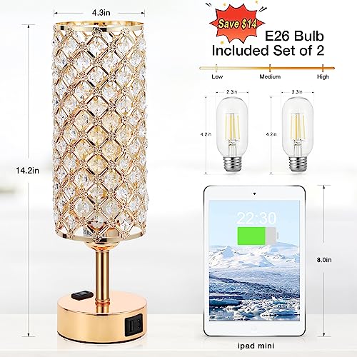 Image of Hong-in Gold Lamps Set of 2, Dimmable Gold Lamps for Nightstand with USB-C+A & AC Charging Ports, 3-Way USB Crystal Lamp, Bedside Desk Light for Bedroom Living Room Home Office(Bulb Included)