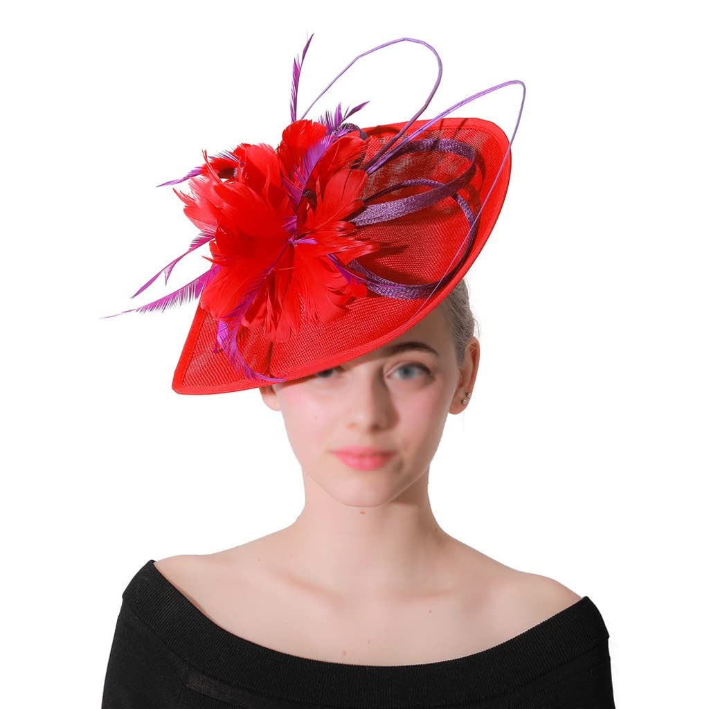 SIDUFHAOPKLL Red Feather Flower Big Fascinator Hat Hair Clip  display picture 1
