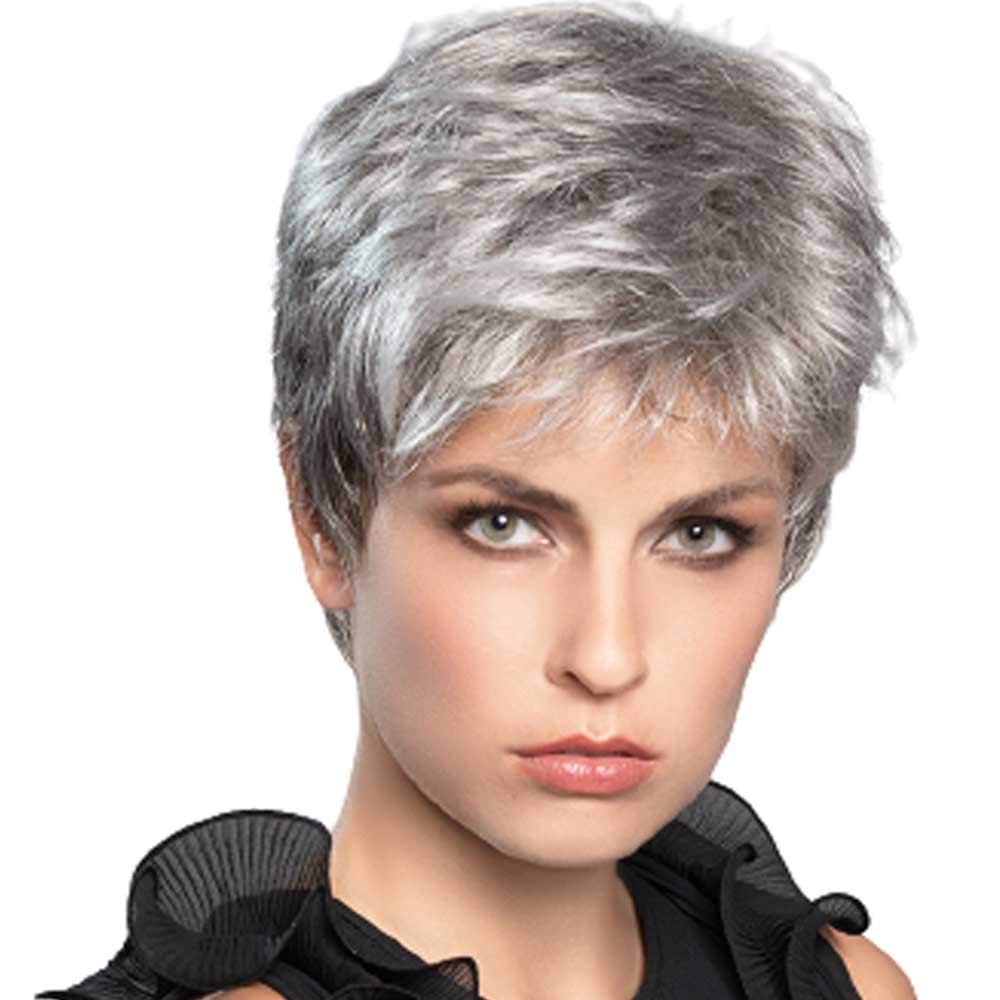 Debbie Petite Avg Cap Wig Color Salt Pepper Mix - Ellen Wille Wigs 4" Short Mono Crowne Pixie Cut Heat Friendly Synthetic Tapered Neckline Wispy Bangs Wefted Lightweight Bundle MaxWigs Hairloss Booklet