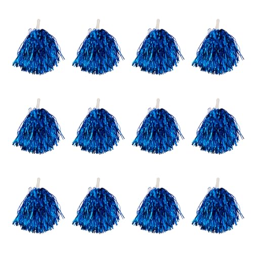 12pcs Cheerleader Pom Poms with Baton Handle Blue Metallic Pompoms for Kids Adults Sport Team Party Dance Cheering